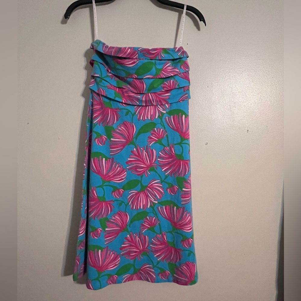 LILLY PULITZER Petula Blue Lime Pink Print Knit Jersey Strapless Mini Dress XS